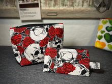 Load image into Gallery viewer, Skull and Roses Fabric Lined Zipper Pouch
